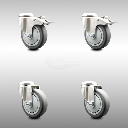 Service Caster 4 Inch 316SS Thermoplastic Rubber Swivel Bolt Hole Caster Set with 2 Lock Brake SCC-SS316BHTTL20S414-TPRB-2-S-2